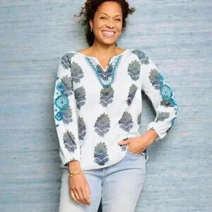 Talbots Women’s 1X Blouse Blue Imari Floral Medallion 3/4 Sleeve Crochet Accents